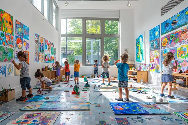 Des enfants en classe réalisent une fresque collective avec des papiers colorés, des pinceaux et de la peinture.