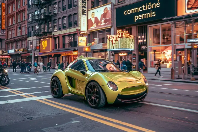 Une petite voiture sans permis stationnée en ville, vue de trois quarts avant