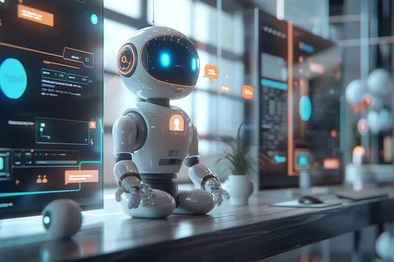 Parent consultant une conversation avec un chatbot de service client sur son téléphone, avec un enfant à ses côtés