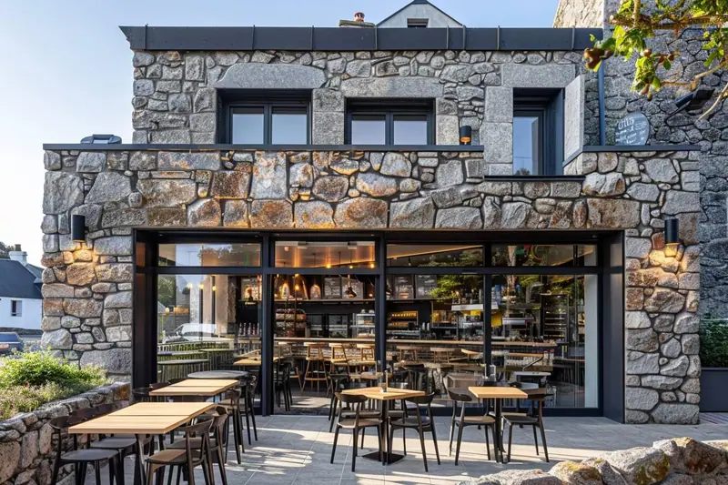 Salle de crêperie rénovée mêlant mur en granit apparent, banquettes en bois clair, luminaires contemporains et tables familiales.