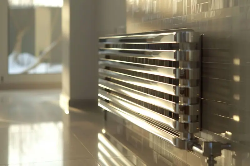Parent dépoussiérant les ailettes d'un radiateur blanc avec une brosse fine et un aspirateur.