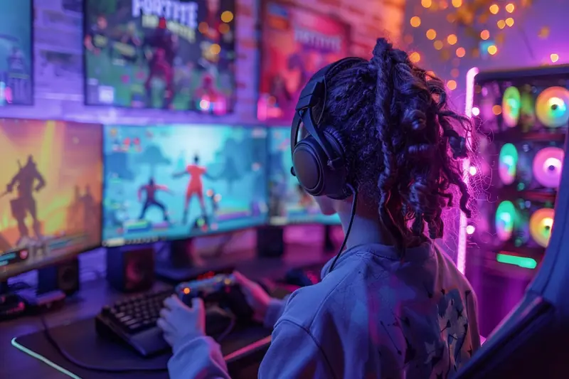 Un parent et son enfant regardent ensemble un tutoriel de jeu vidéo sur un écran avant une partie de Fortnite