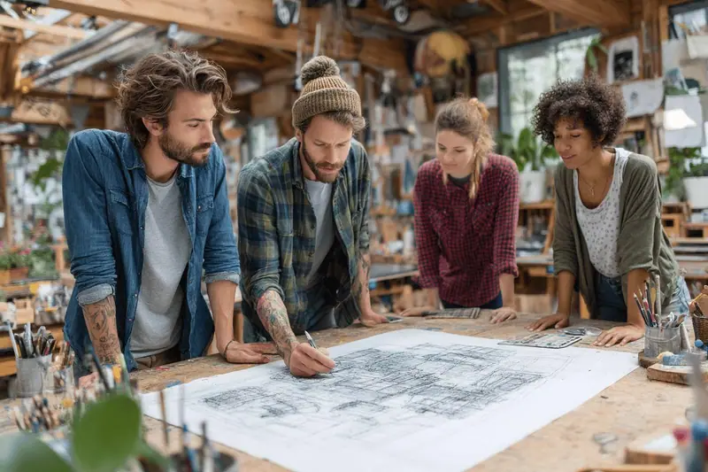 Un petit groupe autour d’une table construit des scénarios et des prototypes en papier pour imaginer les usages futurs d’un service familial.