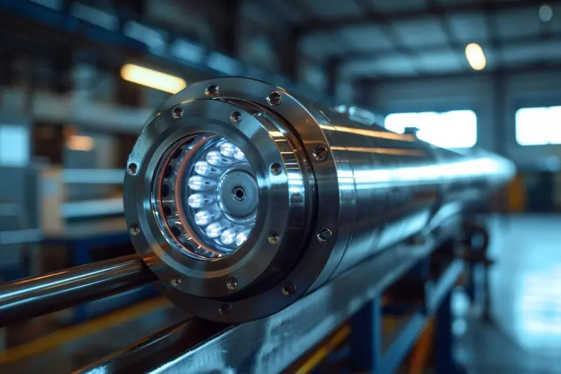 Un professionnel contrôle l'installation d'un tube radiant gaz suspendu dans un atelier avec un appareil de mesure.