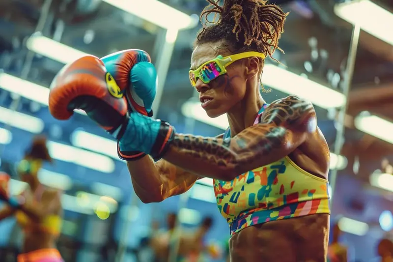 Une mère en tenue de sport réalise un mouvement de boxe sans contact sur un tapis, dans un salon dégagé.