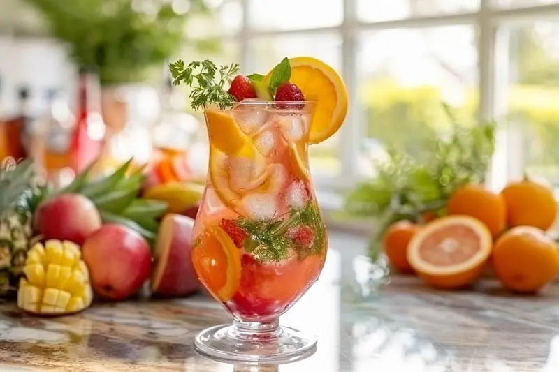 Plateau de mocktails colorés sans alcool, garnis de fruits frais et de menthe, servis lors d’un goûter familial