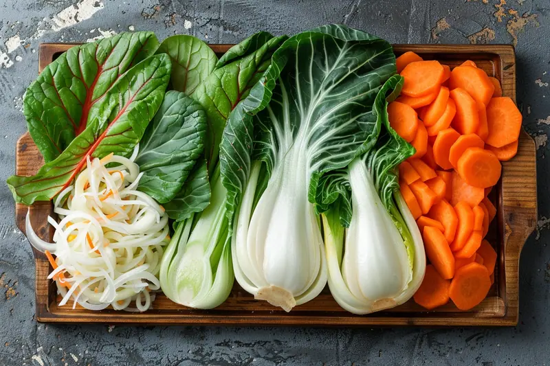 Assiette de rouleaux de printemps coupés en deux, garnis de pak choi, carotte, concombre et vermicelles de riz, avec une sauce servie à part.