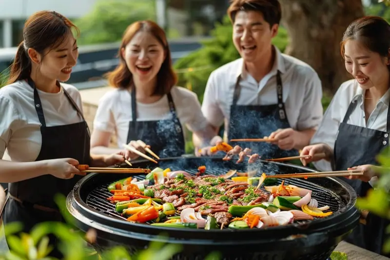 Table familiale dressée pour un barbecue coréen, avec viandes marinées, riz, légumes, sauces et gril central