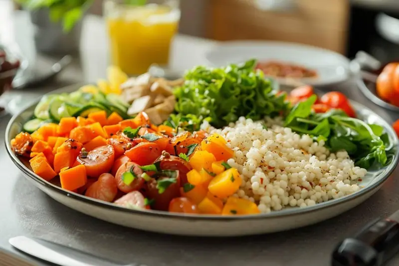 Une famille prépare ensemble des légumes, des lentilles et du poisson dans une cuisine lumineuse.