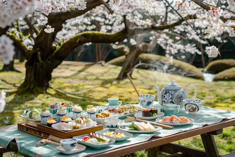 Une famille partage un pique-nique inspiré du Hanami sur une nappe, sous des cerisiers en fleurs, avec des boîtes de bento et des onigiri.
