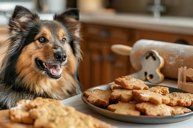 Une plaque de petits biscuits maison en forme d’os pour chien, refroidissant sur une grille de cuisine.