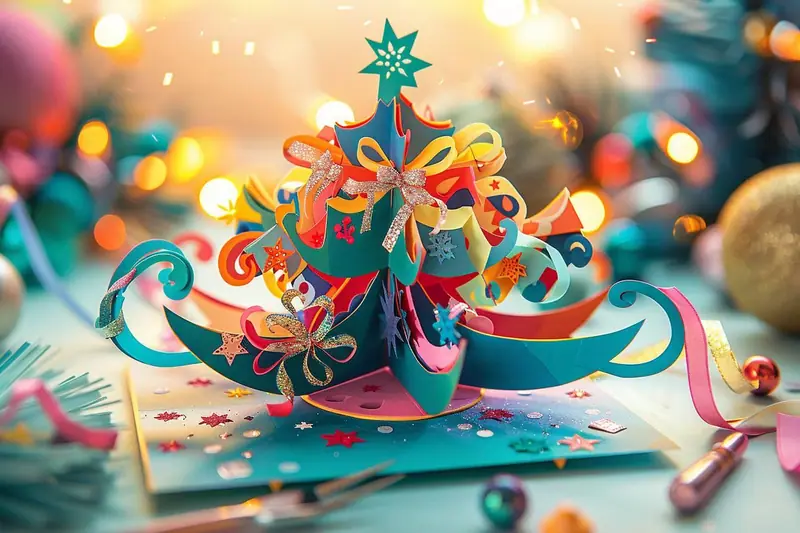 Un enfant et un parent fabriquent une carte de vœux pop-up avec un sapin en papier vert qui se déploie en relief à l’ouverture.