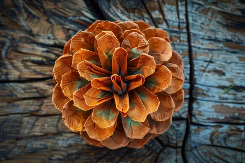 Serviette marron pliée en forme de pomme de pin stylisée, posée au centre d’une assiette de table de fête avec une petite branche de sapin à côté.