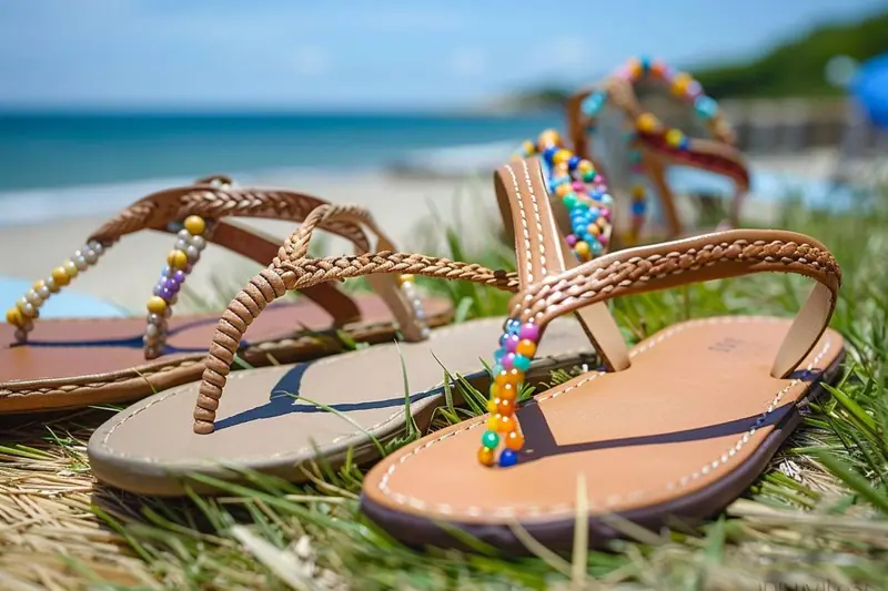 Différents modèles de sandales à lanières posés côte à côte, montrant une bride de cheville, une forme en T et des brides croisées.