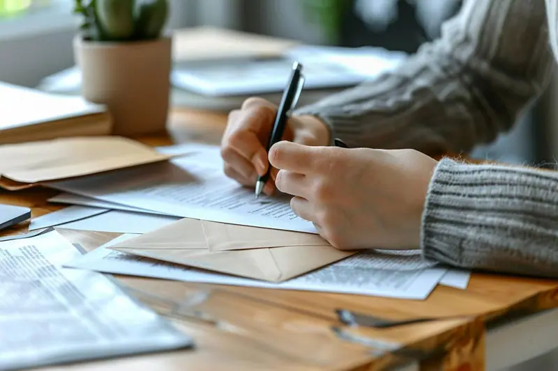 Un parent relit une lettre administrative posée sur une table, avec une enveloppe et les documents de sa famille.