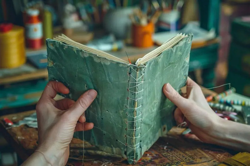 Un parent et un enfant assemblent des dessins colorés avec du fil, des anneaux et une couverture en carton sur une table.
