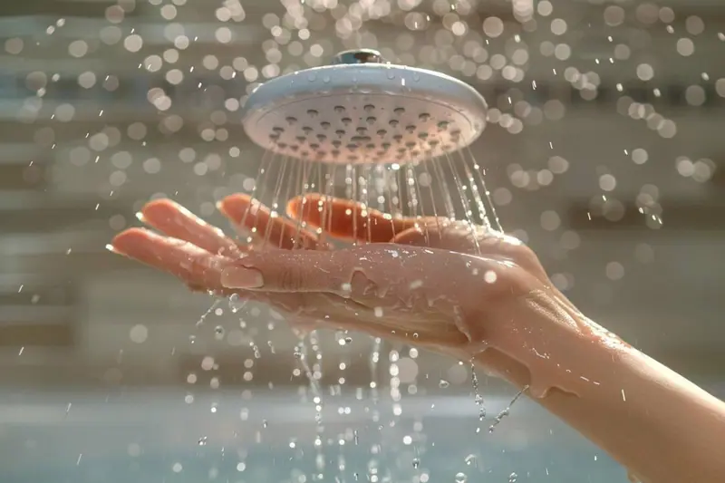 Une main visse à la main un pommeau de douche chromé sur le flexible, avec un joint noir visible dans l'écrou.