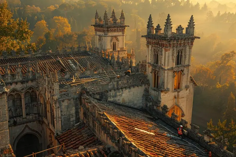 Façade en pierre d’une bâtisse médiévale en restauration, avec échafaudage, couvreurs et maçons spécialisés