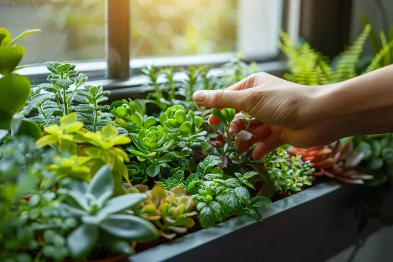 Des pots étiquetés de menthe, thym, mélisse et calendula sur un balcon, avec un enfant qui arrose sous la surveillance d'un adulte.