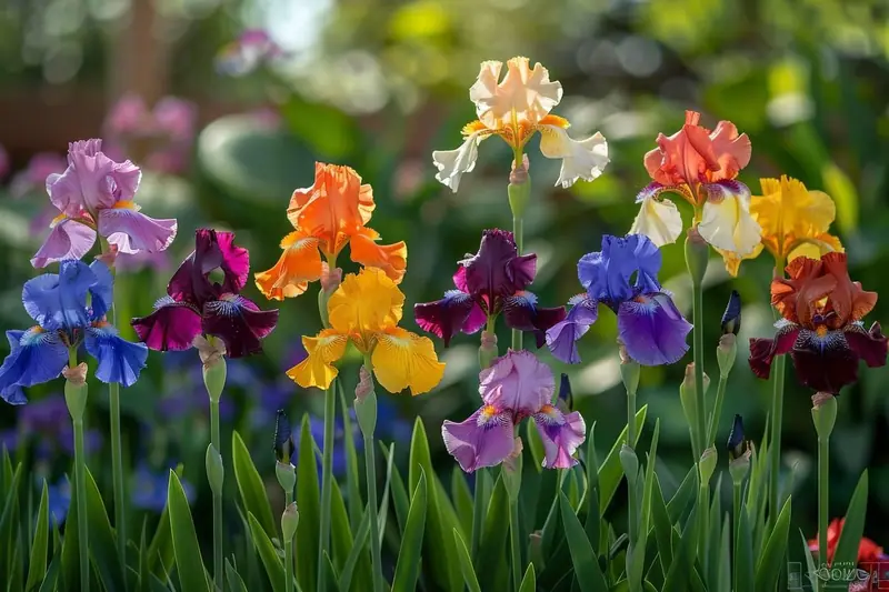 Massif d'iris barbus violets et jaunes installé le long d'une allée de jardin familial ensoleillée