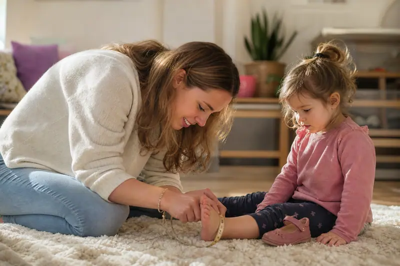 Un parent mesure avec douceur le pied de son jeune enfant assis sur un tapis lumineux du salon.