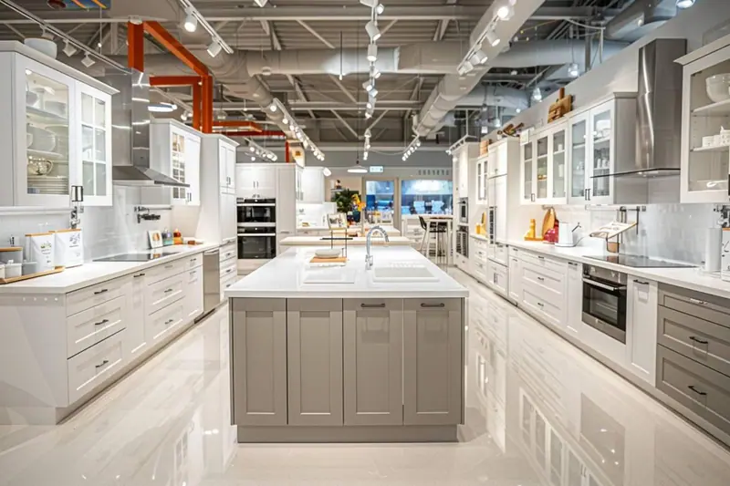 Cuisine familiale lumineuse avec rangements bas à tiroirs, plan de travail dégagé et table pour les enfants