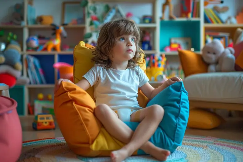 Un enfant assis à une table réglable, les pieds posés sur un repose-pieds, pendant une activité de dessin à la maison.