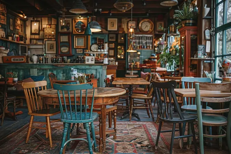 Salle d'un ancien café de village rénové en bistrot brocante, avec comptoir en bois, chaises dépareillées et luminaires chaleureux