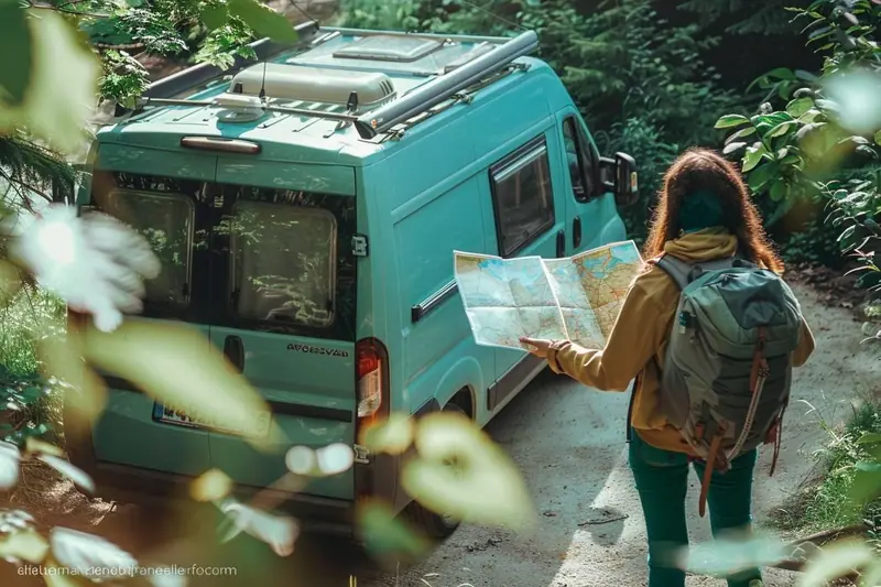Un camping-car familial installé sur un emplacement stabilisé dans un camping, avec une table et des vélos d’enfants