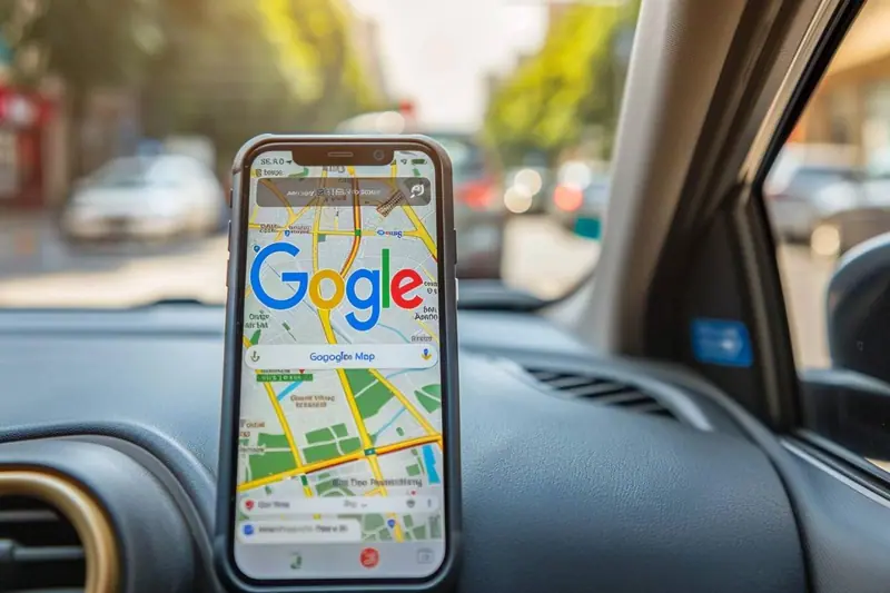Parent au volant consultant un itinéraire Google Maps préparé sur un téléphone fixé au tableau de bord, avec un siège enfant visible à l’arrière