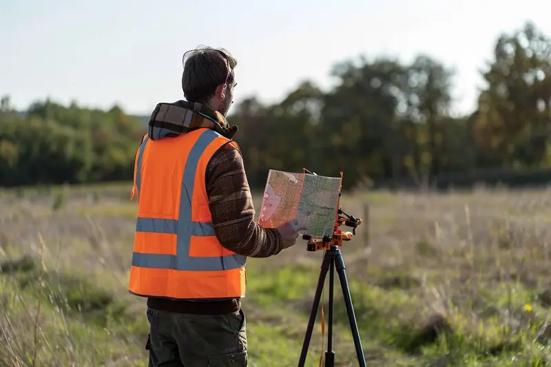 Un géomètre effectue des mesures sur un terrain avec une station topographique, près de bornes de propriété.