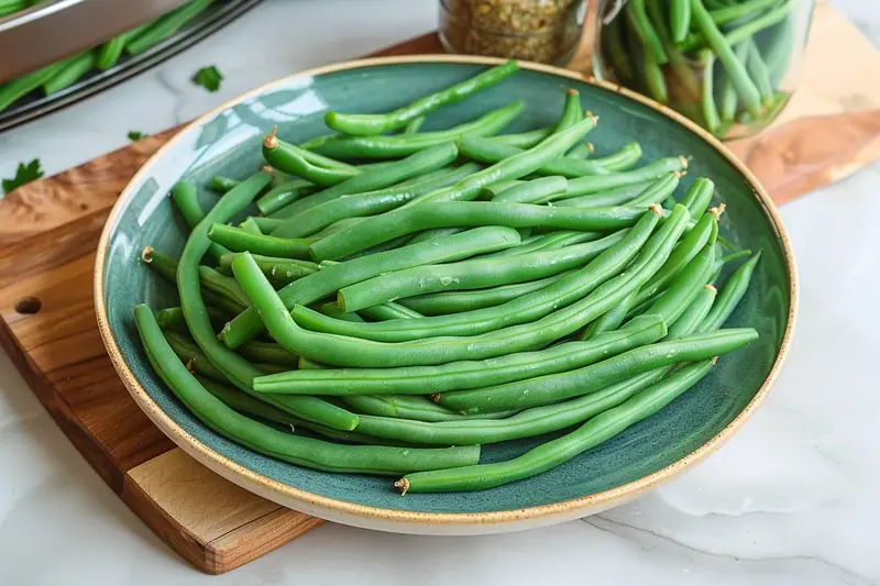 Haricots verts cuits et refroidis dans une boîte hermétique en verre, prêts à être rangés au réfrigérateur