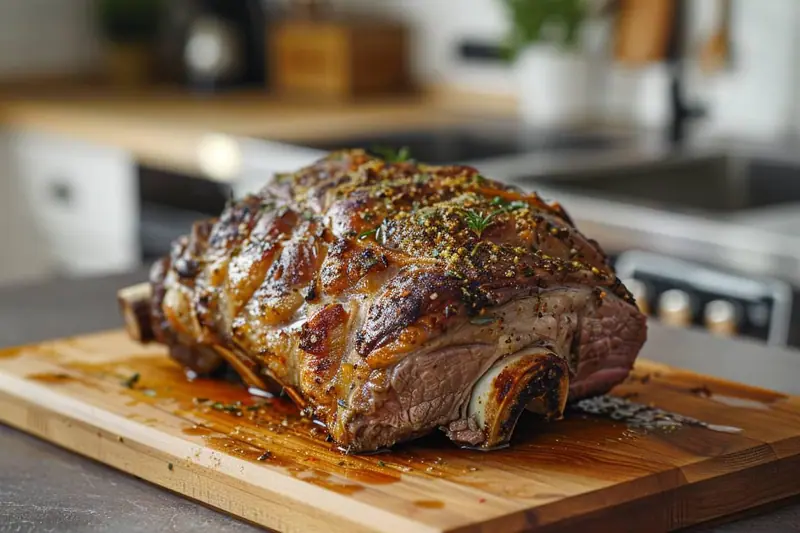 Tranches de gigot d’agneau cuit rangées dans une boîte hermétique étiquetée, prêtes à être placées au réfrigérateur.