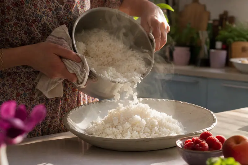 Parent transférant du riz cuit encore fumant dans un plat large pour le faire refroidir avant de le placer au réfrigérateur.