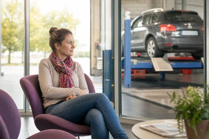 Parent attendant dans la salle d'un centre de contrôle technique pendant que sa voiture familiale passe l'inspection.