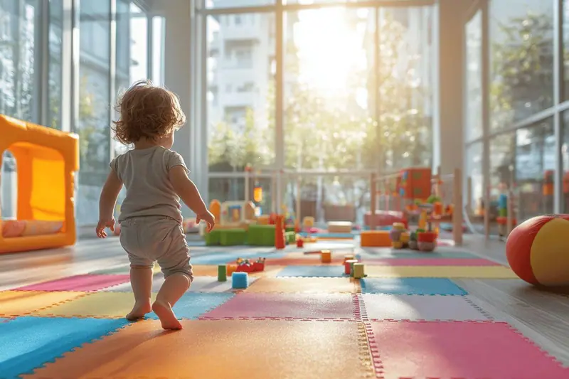 Une chambre d’enfant sécurisée avec un lit bas, un matelas ferme, une bibliothèque fixée au mur et un espace de jeu au sol.