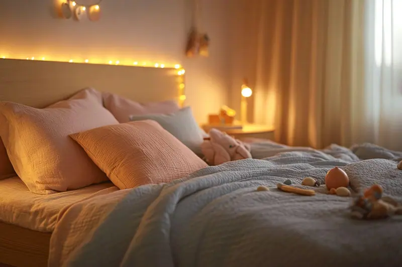 Chambre d'enfant épurée avec un petit lit, un matelas ferme, une lumière douce et quelques rangements fermés