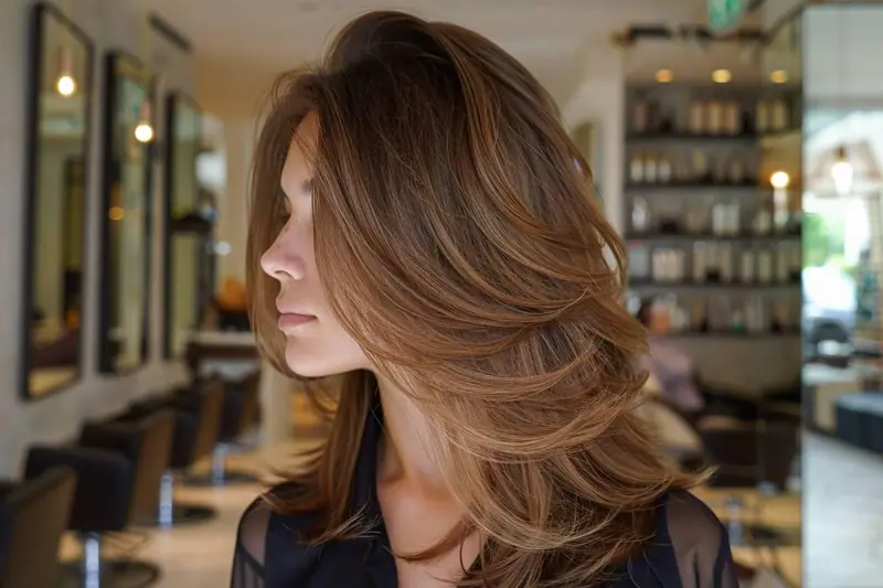 Cheveux mi-longs dégradés coiffés avec des ondulations souples et une raie légèrement décalée