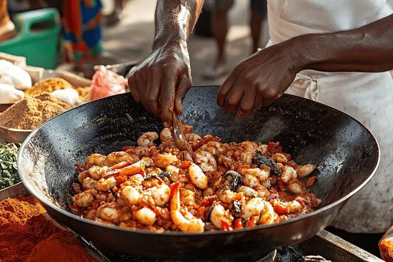 Une famille prépare un plat swahili avec des épices et du lait de coco lors d’un cours de cuisine à Zanzibar