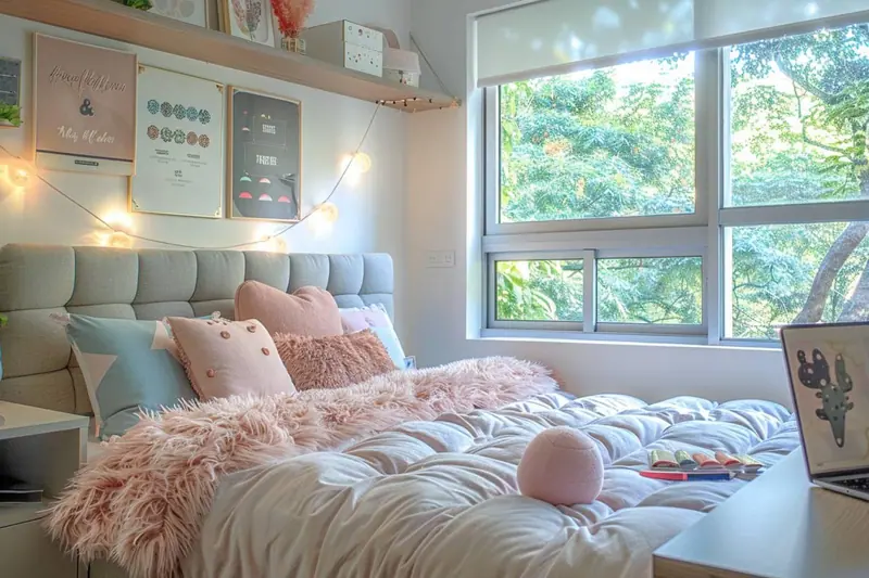 Chambre d’adolescent minimaliste avec un lit une place, un bureau en bois clair, des rangements fermés et une lampe de travail orientable