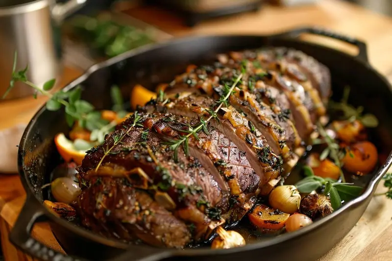 Rôti de cerf doré dans une cocotte en fonte, entouré de carottes, d'oignons et d'une sauce brune