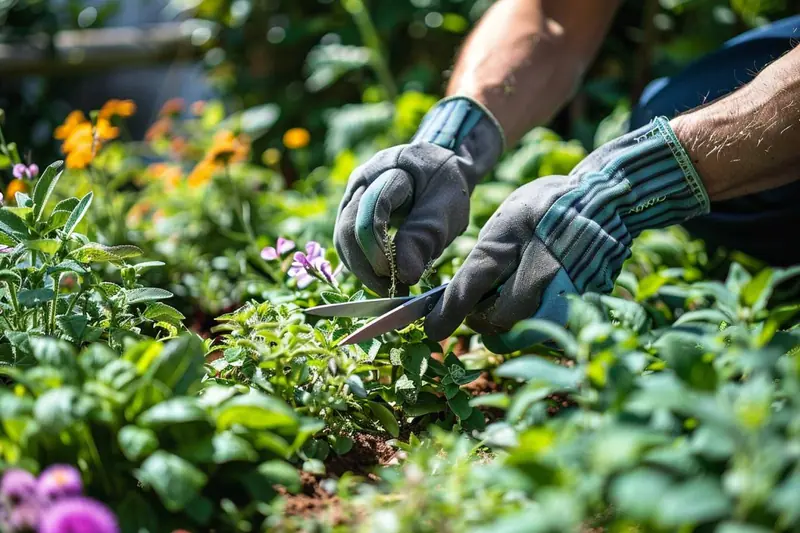 Trois pots de menthe, thym et mélisse étiquetés sur un balcon, avec un enfant qui arrose les plantes sous la surveillance d'un adulte.