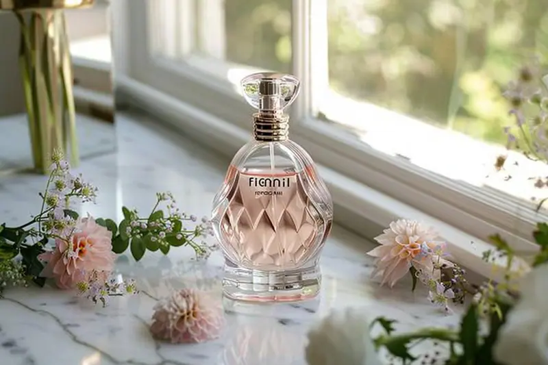 Un flacon de parfum posé sur une étagère, près d’une écharpe en tissu et d’un carnet de notes olfactives.