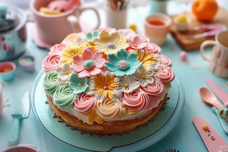 Gâteau en forme de marguerite décoré de pétales jaunes et d’un cœur au chocolat, sur une table de goûter familial