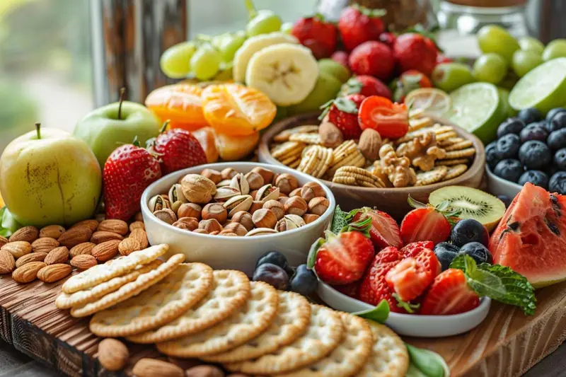 Plateau de goûters maison pour enfants avec muffins pomme-carotte, pancakes à la banane, fruits et tartines.