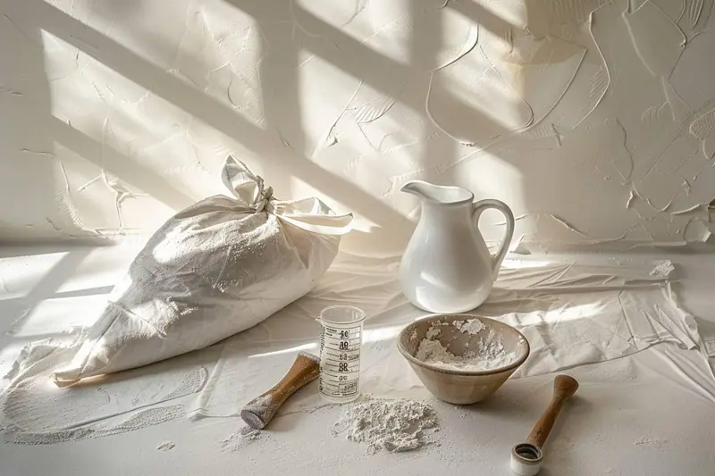 Un parent mélange du plâtre dans une auge avec une spatule, à côté d’un verre doseur et d’un sac de plâtre.