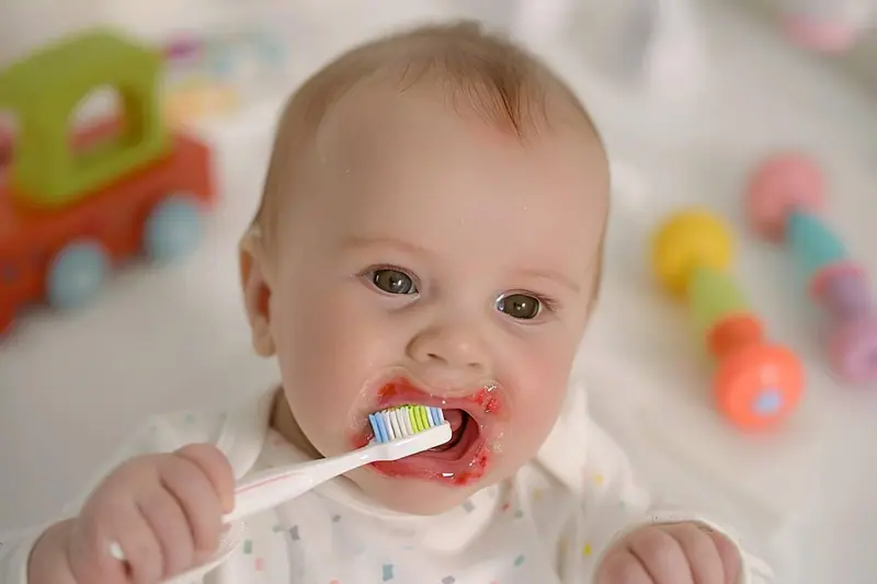Gros plan d’un bébé de trois mois souriant, avec un parent observant délicatement ses gencives propres.