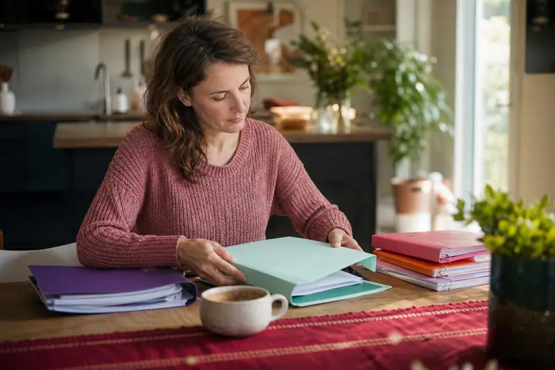 Parent triant des dossiers de papiers administratifs de la famille sur la table de la cuisine, classeurs et pochettes étiquetées.