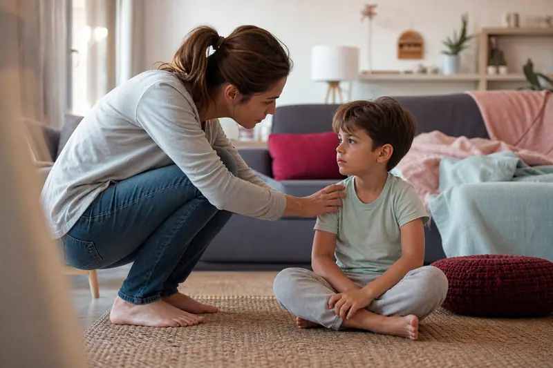 Parent accroupi au niveau d'un enfant de 2 ans en pleine colère dans un salon familial, geste d'apaisement bienveillant.