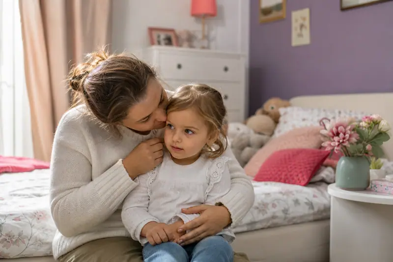 Un parent examine avec douceur l'oreille de son jeune enfant dans une chambre lumineuse.
